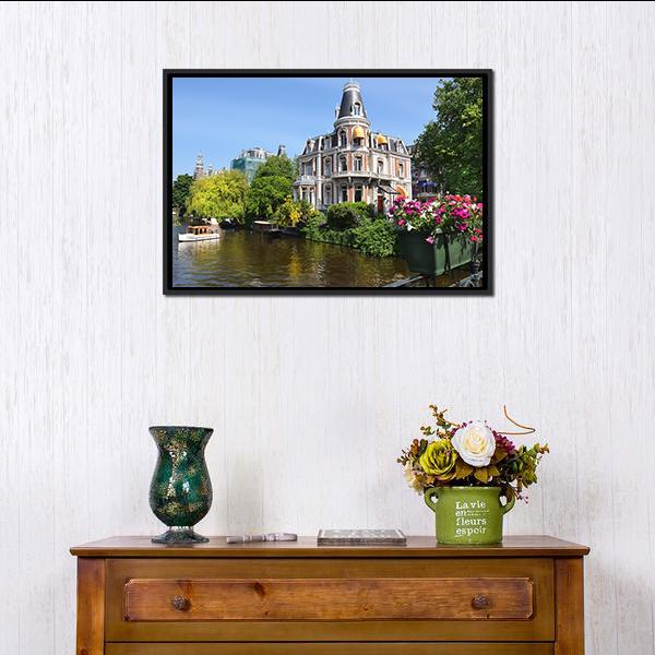 Amsterdam With Canals Canvas Wall Art-1 Piece-Floating Frame-24" x 16"-Tiaracle