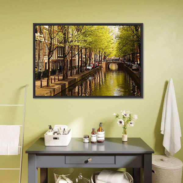 Amsterdam With Green Canal Canvas Wall Art-1 Piece-Floating Frame-24&quot; x 16&quot;-Tiaracle