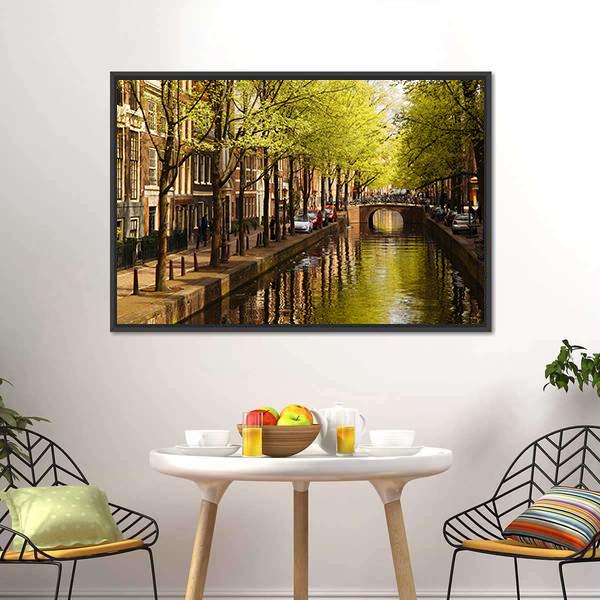Amsterdam With Green Canal Canvas Wall Art-3 Horizontal-Gallery Wrap-25" x 16"-Tiaracle