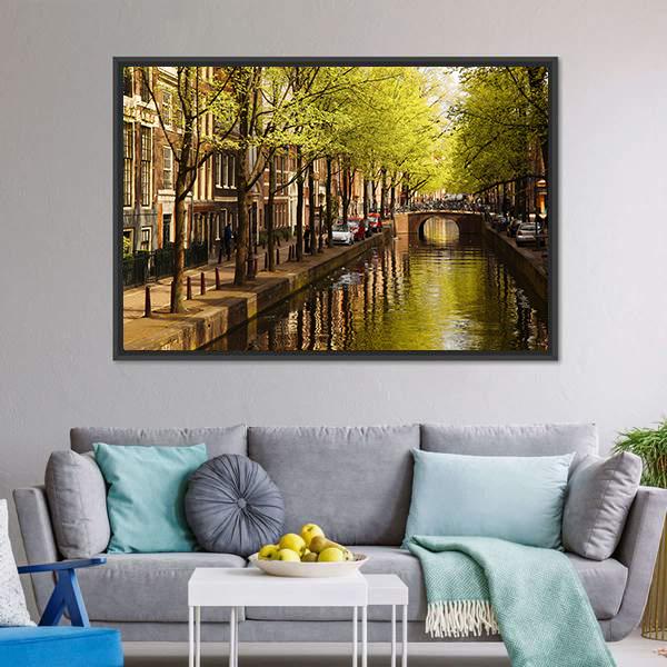 Amsterdam With Green Canal Canvas Wall Art-3 Horizontal-Gallery Wrap-25" x 16"-Tiaracle