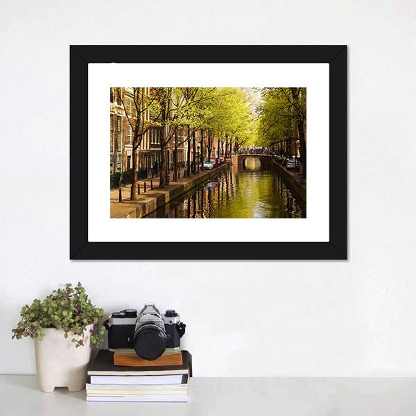 Amsterdam With Green Canal Canvas Wall Art-1 Piece-Framed Print-20" x 16"-Tiaracle