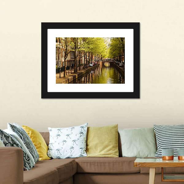 Amsterdam With Green Canal Canvas Wall Art-3 Horizontal-Gallery Wrap-25" x 16"-Tiaracle