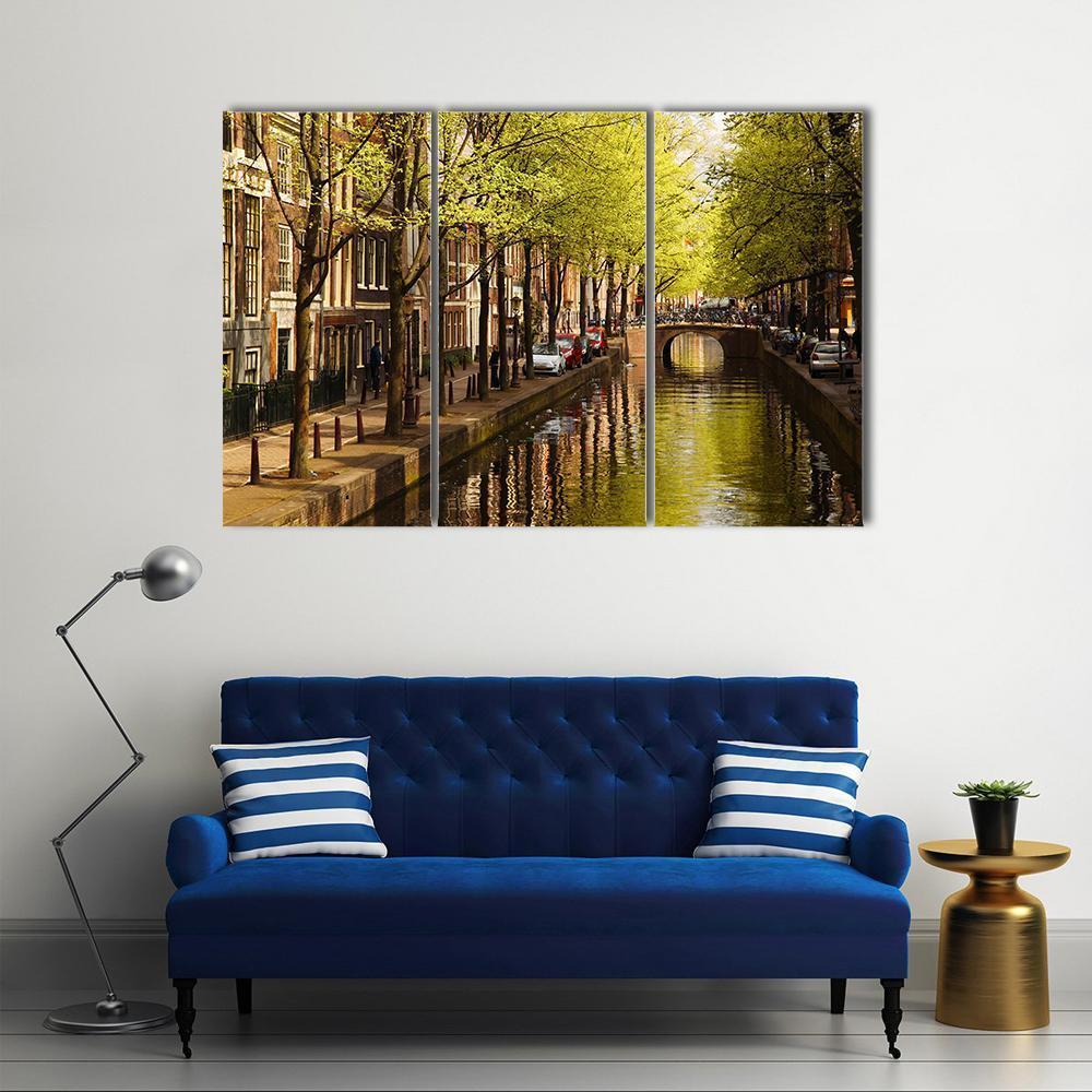 Amsterdam With Green Canal Canvas Wall Art-3 Horizontal-Gallery Wrap-37&quot; x 24&quot;-Tiaracle