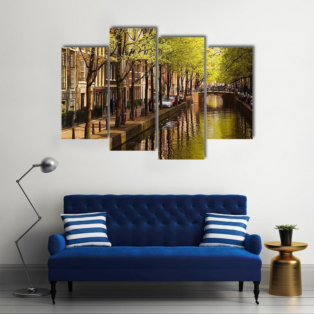Amsterdam With Green Canal Canvas Wall Art-4 Pop-Gallery Wrap-50&quot; x 32&quot;-Tiaracle