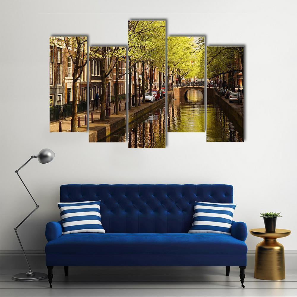 Amsterdam With Green Canal Canvas Wall Art-5 Pop-Gallery Wrap-47" x 32"-Tiaracle