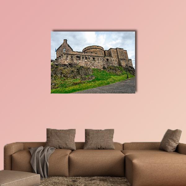 Interior View of Edinburgh Castle Canvas Wall Art in gray, brown and green, single panel hung on a wall
