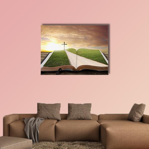 An Open Bible With Grassy Field Canvas Wall Art-1 Piece-Gallery Wrap-48" x 32"-Tiaracle