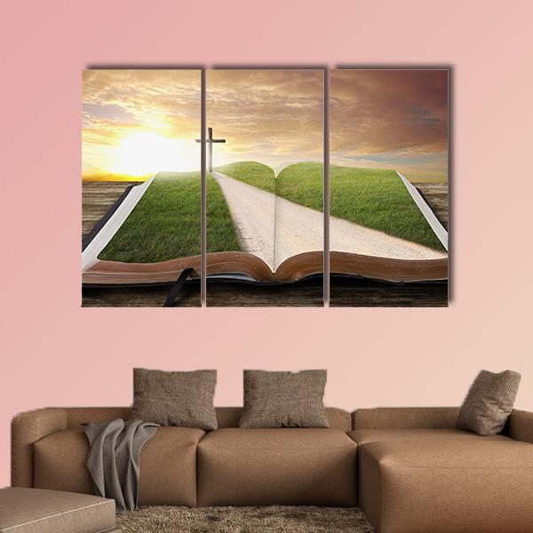 An Open Bible With Grassy Field Canvas Wall Art-3 Horizontal-Gallery Wrap-37" x 24"-Tiaracle