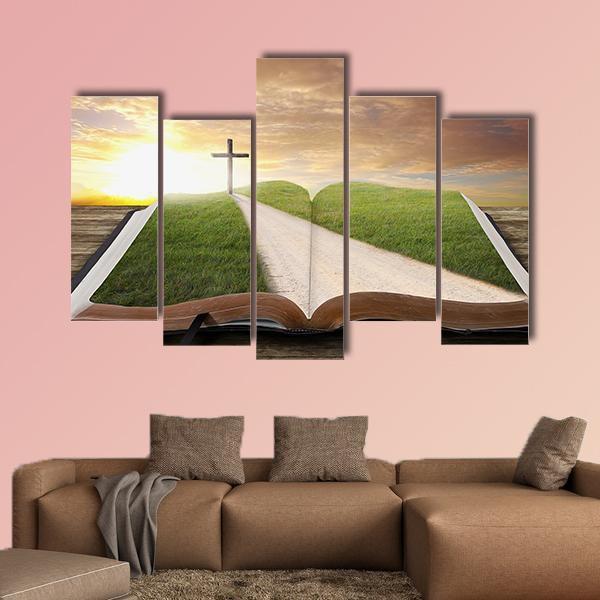 An Open Bible With Grassy Field Canvas Wall Art-5 Pop-Gallery Wrap-47" x 32"-Tiaracle