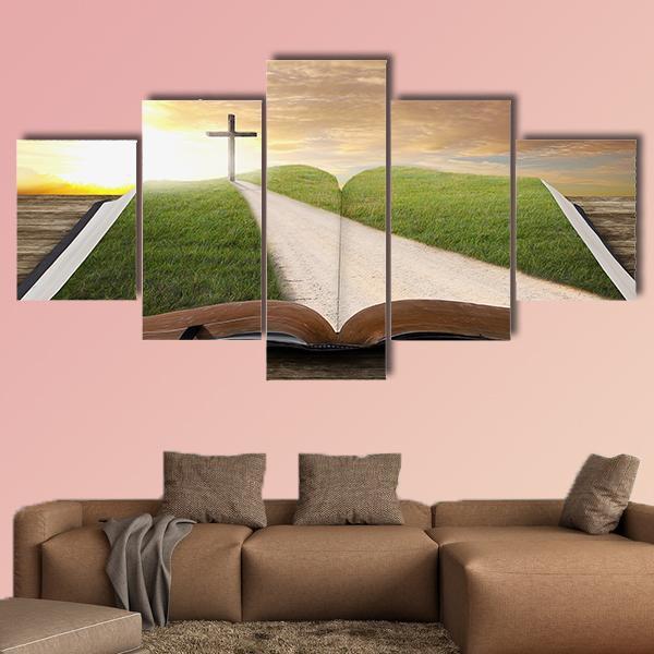 An Open Bible With Grassy Field Canvas Wall Art-5 Star-Gallery Wrap-62" x 32"-Tiaracle
