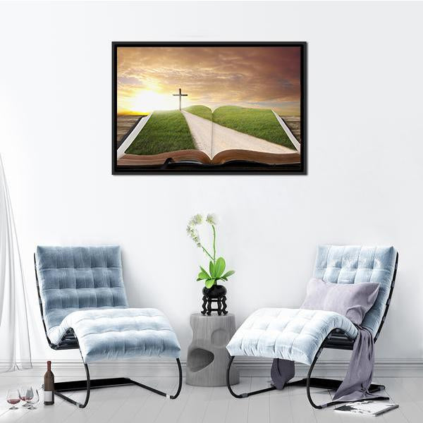 An Open Bible With Grassy Field Canvas Wall Art-3 Horizontal-Gallery Wrap-25" x 16"-Tiaracle
