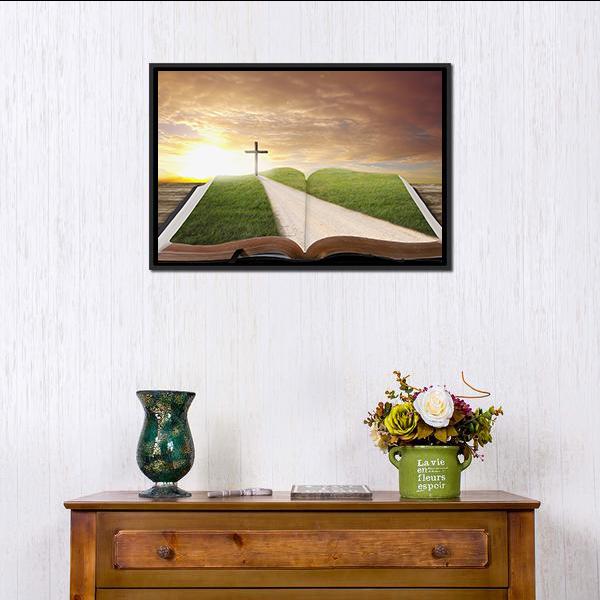 An Open Bible With Grassy Field Canvas Wall Art-1 Piece-Floating Frame-24" x 16"-Tiaracle