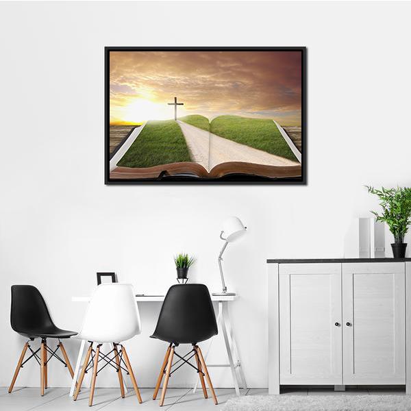 An Open Bible With Grassy Field Canvas Wall Art-3 Horizontal-Gallery Wrap-25" x 16"-Tiaracle