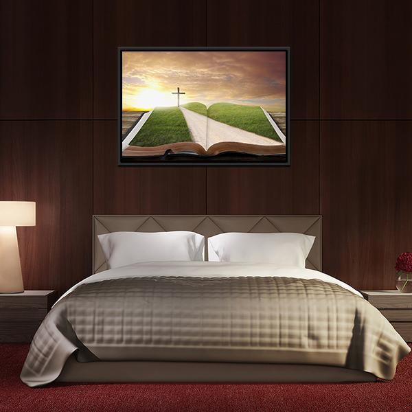 An Open Bible With Grassy Field Canvas Wall Art-3 Horizontal-Gallery Wrap-25" x 16"-Tiaracle