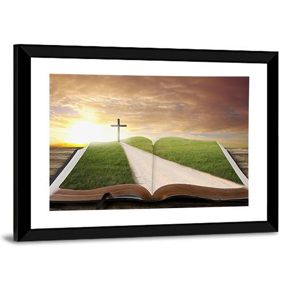 An Open Bible With Grassy Field Canvas Wall Art-3 Horizontal-Gallery Wrap-25" x 16"-Tiaracle