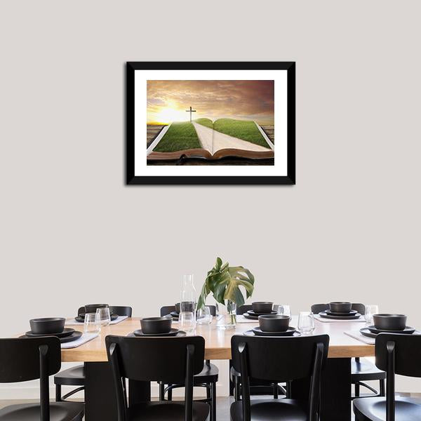 An Open Bible With Grassy Field Canvas Wall Art-3 Horizontal-Gallery Wrap-25" x 16"-Tiaracle