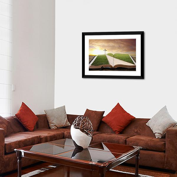 An Open Bible With Grassy Field Canvas Wall Art-3 Horizontal-Gallery Wrap-25" x 16"-Tiaracle