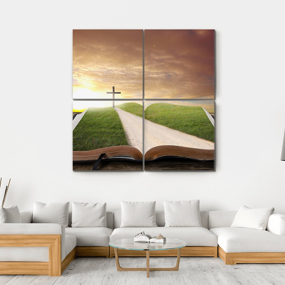 An Open Bible With Grassy Field Canvas Wall Art-4 Square-Gallery Wrap-17" x 17"-Tiaracle