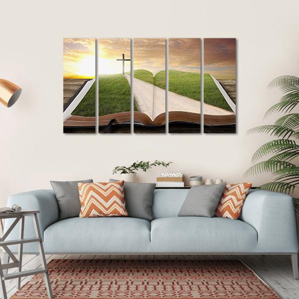 An Open Bible With Grassy Field Canvas Wall Art-5 Horizontal-Gallery Wrap-22" x 12"-Tiaracle