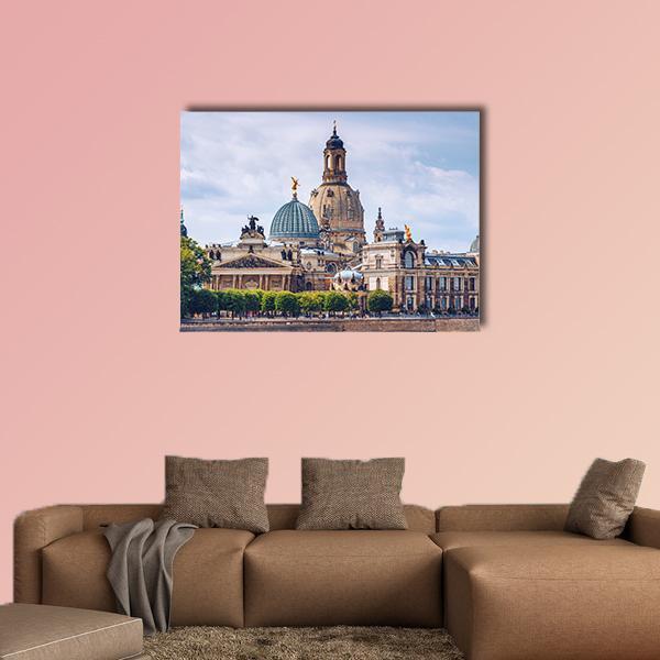 Ancient City of Dresden Canvas Wall Art in beige, brown and blue, single panel hung on a wall
