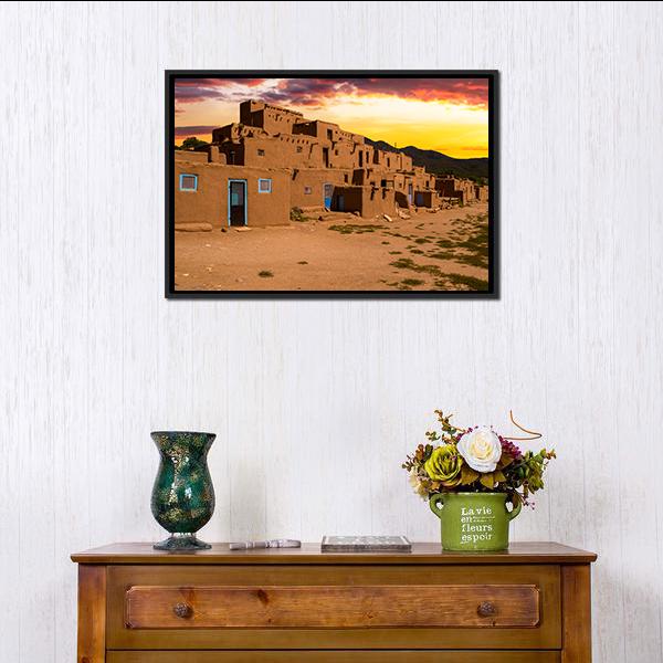 Ancient Adobe City at Sunset Canvas Wall Art in brown, orange and yellow, framed canvas, product view on a white background
