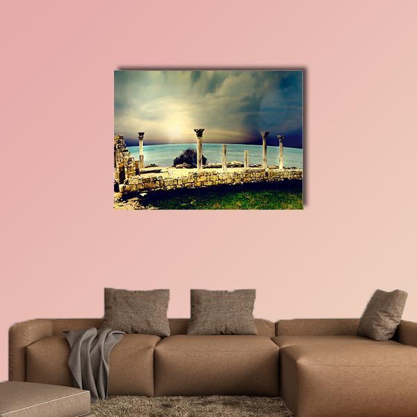Ancient Greek City Ruins Canvas Wall Art in beige, yellow and blue, single panel hung on a wall