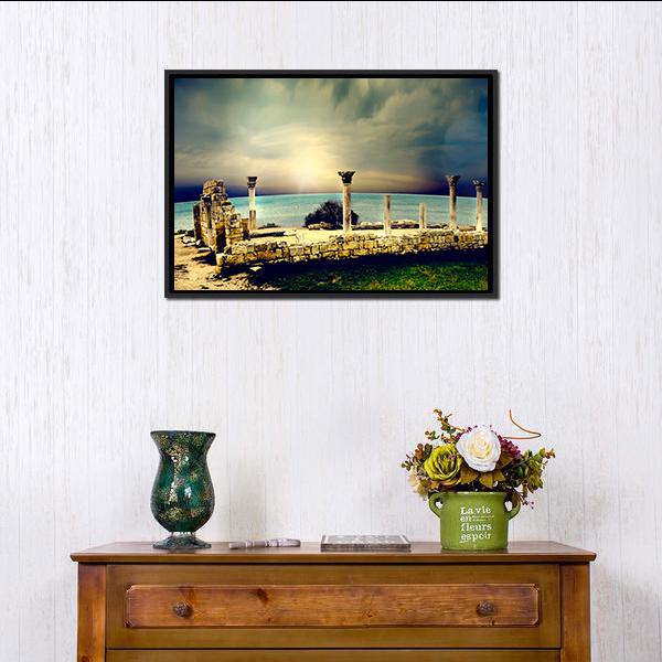Ancient Greek City Ruins Canvas Wall Art in beige, yellow and blue, framed canvas, product view on a white background