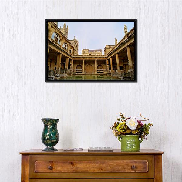 Serene Roman Baths with Gothic Arches Canvas Wall Art in beige, brown and blue, framed canvas, product view on a white background
