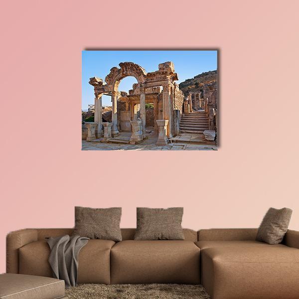 Ancient Ruins of Ephesus Turkey Canvas Wall Art in beige, brown and blue, single panel hung on a wall