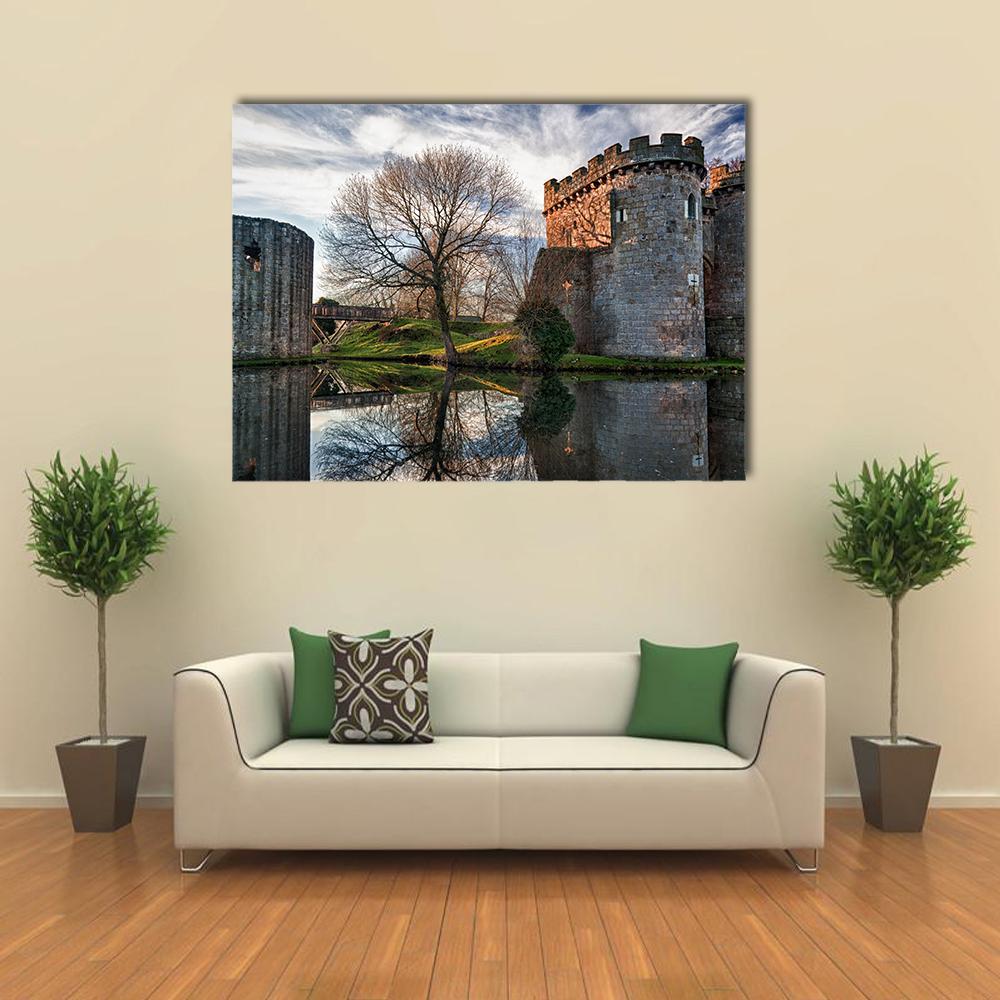 Ancient Whittington Castle Canvas Wall Art in gray, brown and blue, single panel hung on a wall