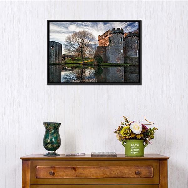 Ancient Whittington Castle Canvas Wall Art in gray, brown and blue, framed canvas, product view on a white background