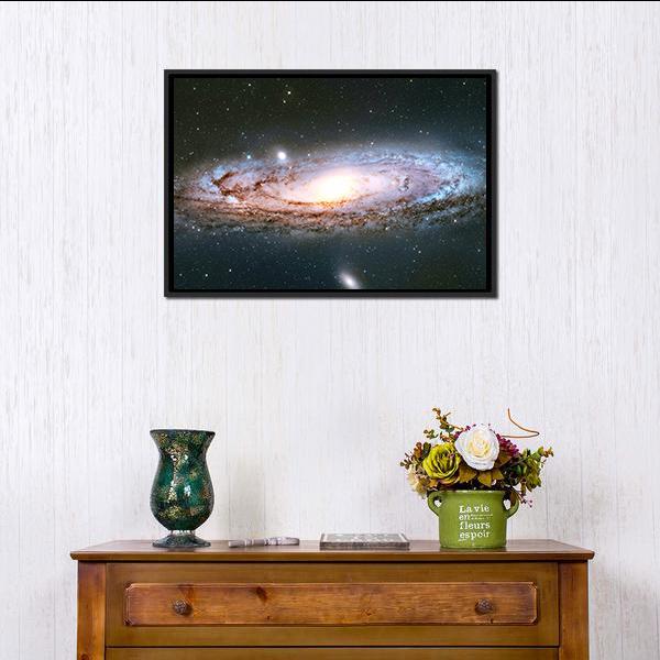 Andromeda Galaxy Canvas Wall Art in black, white and blue, framed canvas, product view on a white background