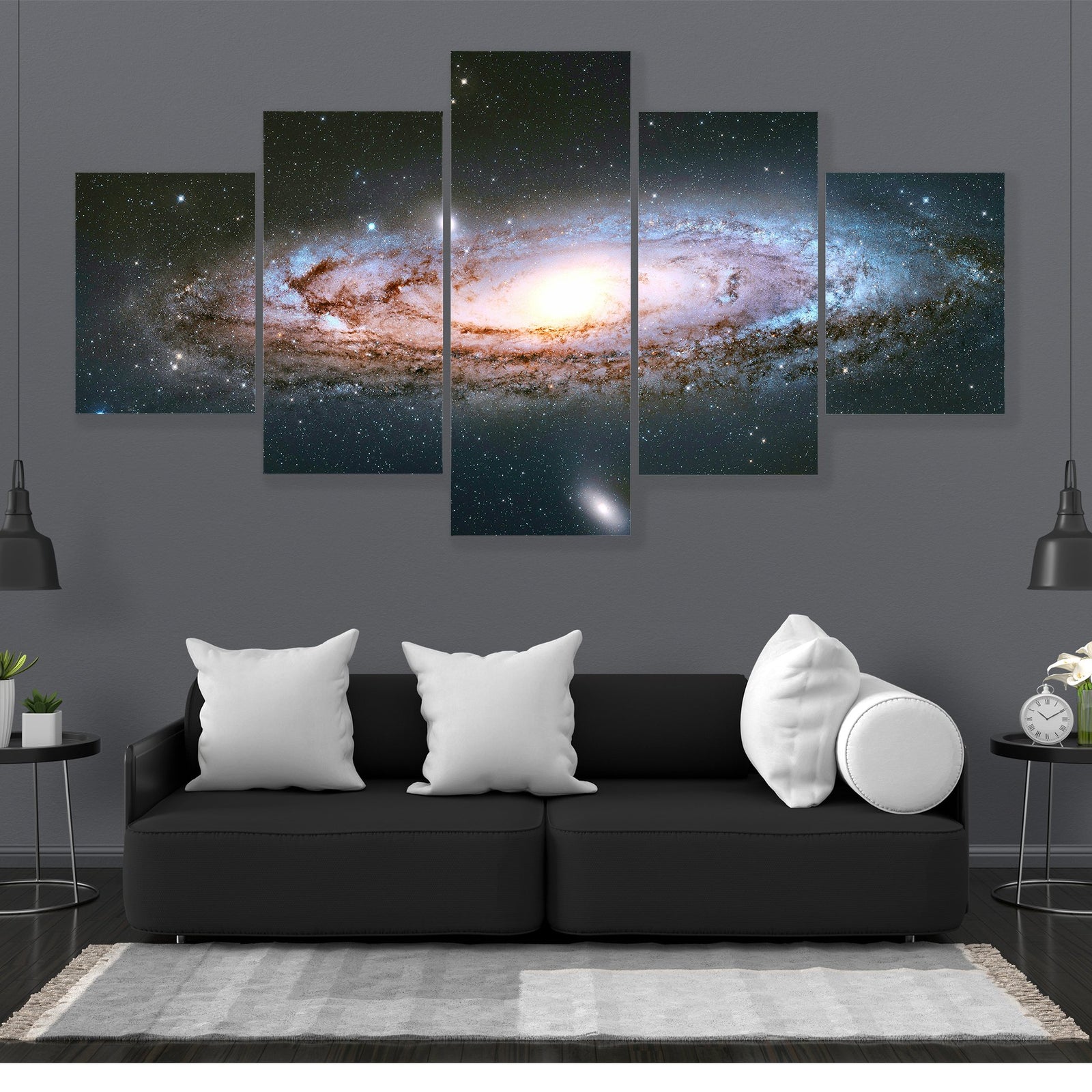 Andromeda Galaxy Canvas Wall Art in black, white and blue, 5 panel Star layout hung on a wall