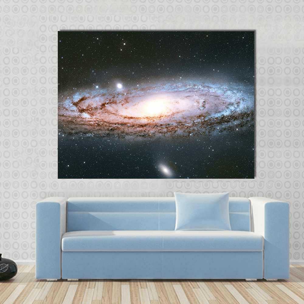 Andromeda Galaxy Canvas Wall Art in black, white and blue, single panel hung on a wall
