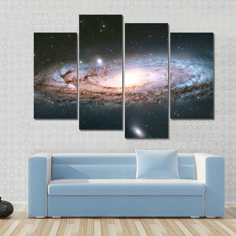 Andromeda Galaxy Canvas Wall Art in black, white and blue, 4 panel Pop layout hung on a wall