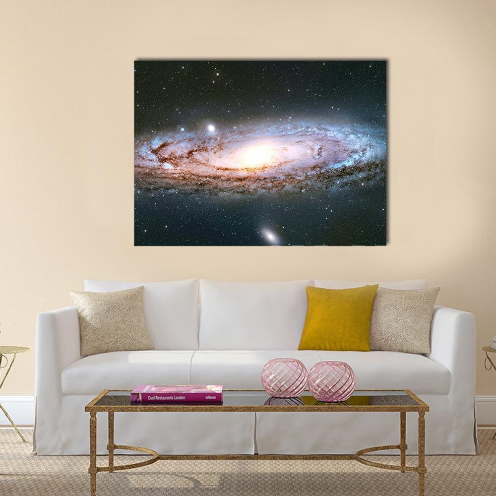 Andromeda Galaxy Canvas Wall Art in black, white and blue, single panel hung on a wall