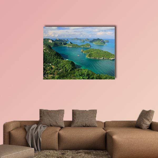 Ang Thong Islands Aerial Landscape Canvas Wall Art in green and blue, single panel hung on a wall