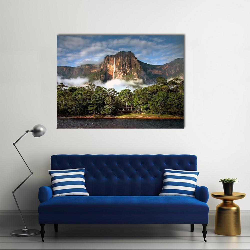 Angel Falls in Morning Light Canvas Wall Art in brown, green and blue, single panel hung on a wall