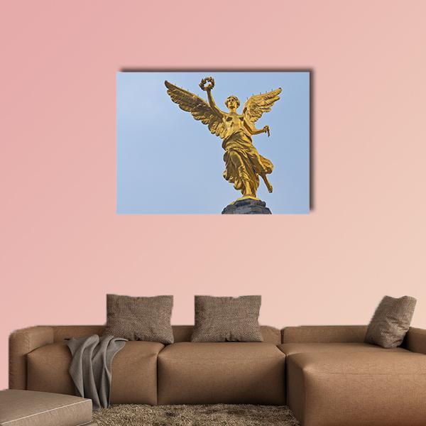 Angel of Independence Mexico Canvas Wall Art in gold and blue, single panel hung on a wall