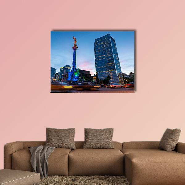 Angel of Independence Monument, Mexico Canvas Wall Art in black, gold and blue, single panel hung on a wall