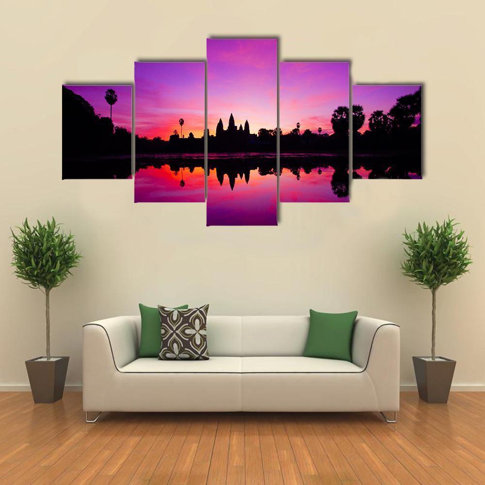 Angkor Wat Temple At Sunset Canvas Wall Art-5 Pop-Gallery Wrap-47" x 32"-Tiaracle