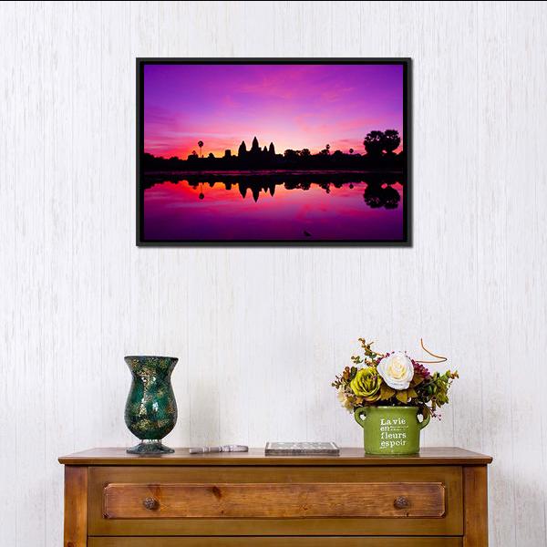 Angkor Wat Temple at Sunset Canvas Wall Art in black, purple and pink, framed canvas, product view on a white background