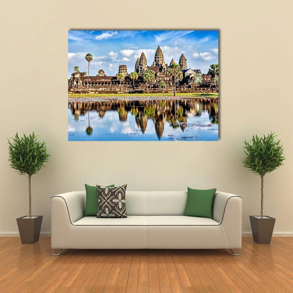 Angkor Wat Temple Canvas Wall Art in brown, green and blue, single panel hung on a wall