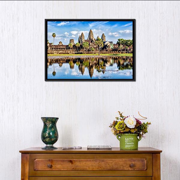 Angkor Wat Temple Reflection in Water Canvas Wall Art in brown, green and blue, framed canvas, product view on a white background