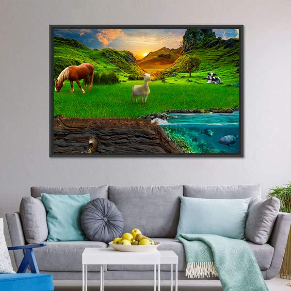 Animals In Green Meadow Canvas Wall Art-3 Horizontal-Gallery Wrap-25" x 16"-Tiaracle