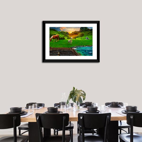 Animals In Green Meadow Canvas Wall Art-1 Piece-Framed Print-20" x 16"-Tiaracle