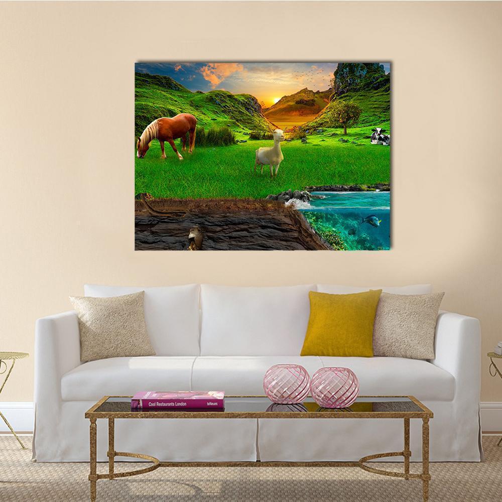 Sunset Meadow with Animals and Underwater Scene Canvas Wall Art in orange, green and blue, single panel hung on a wall
