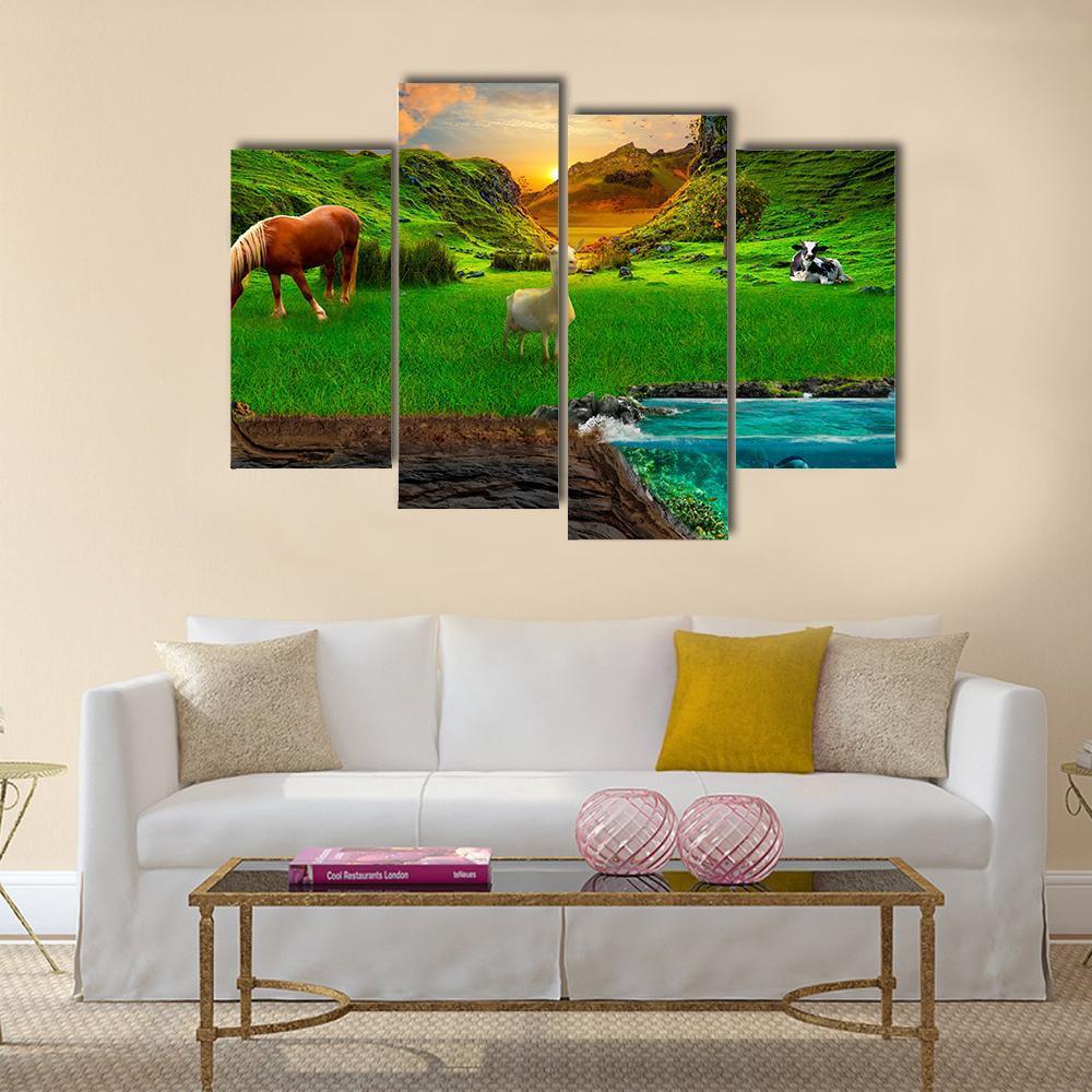 Animals In Green Meadow Canvas Wall Art-4 Pop-Gallery Wrap-50" x 32"-Tiaracle