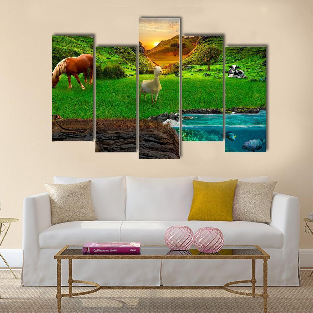 Animals In Green Meadow Canvas Wall Art-5 Pop-Gallery Wrap-47" x 32"-Tiaracle