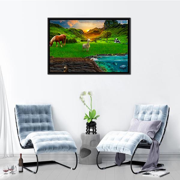 Animals In Green Meadow Panoramic Canvas Wall Art-1 Piece-36" x 12"-Tiaracle